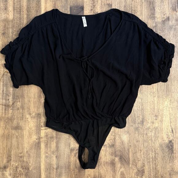 Intimately Free People Cleo Bodysuit Semi-Sheer Short Sleeve Black Size Small - Picture 4 of 10